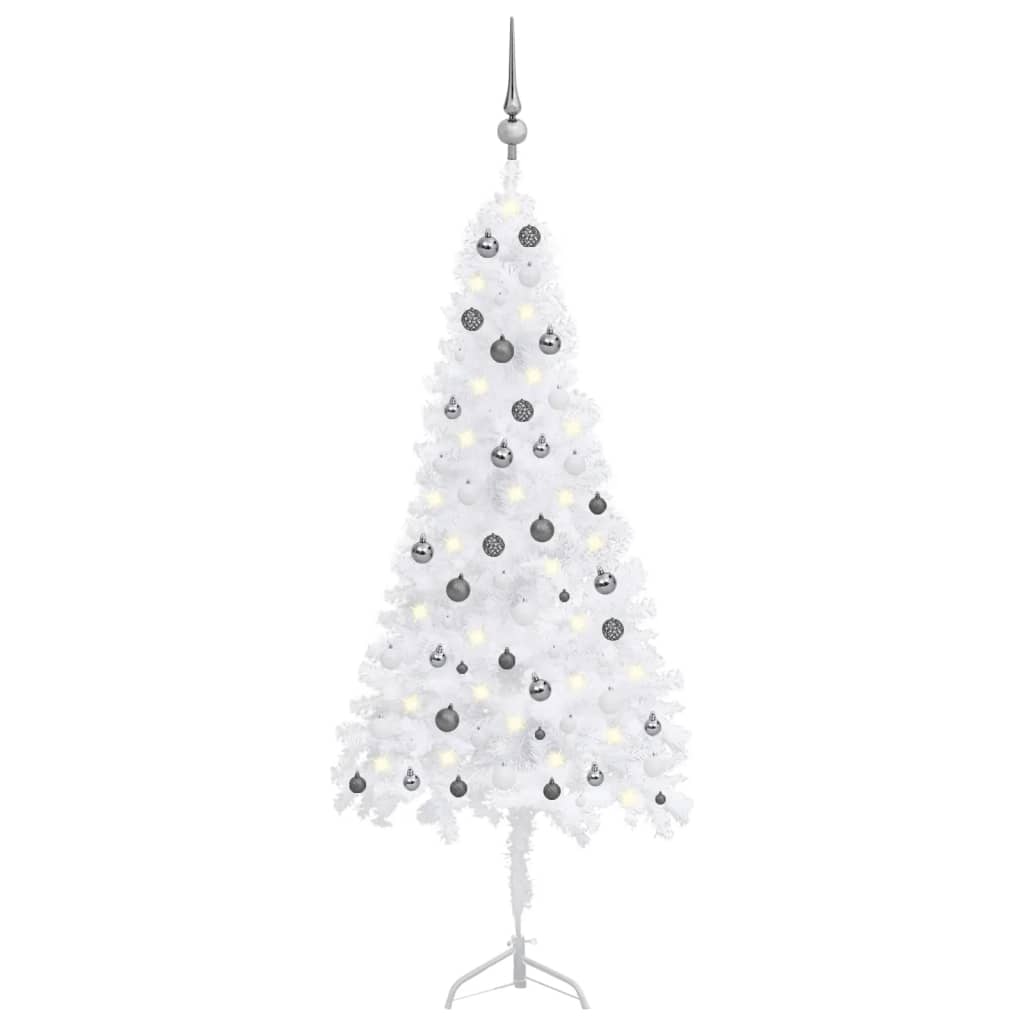 Künstlicher Eck-Weihnachtsbaum LEDs & Kugeln Weiß 210 cm PVC