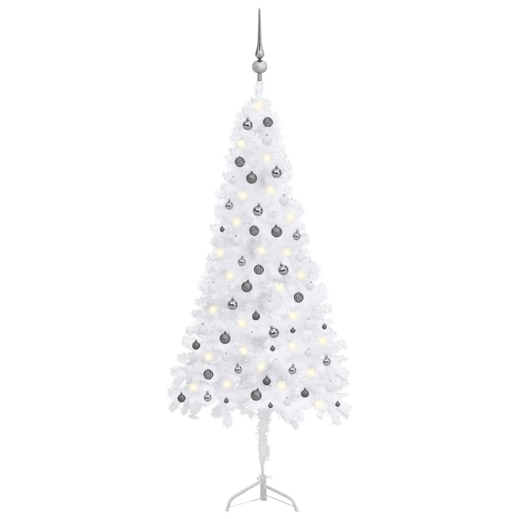 Künstlicher Eck-Weihnachtsbaum LEDs & Kugeln Weiß 240 cm PVC