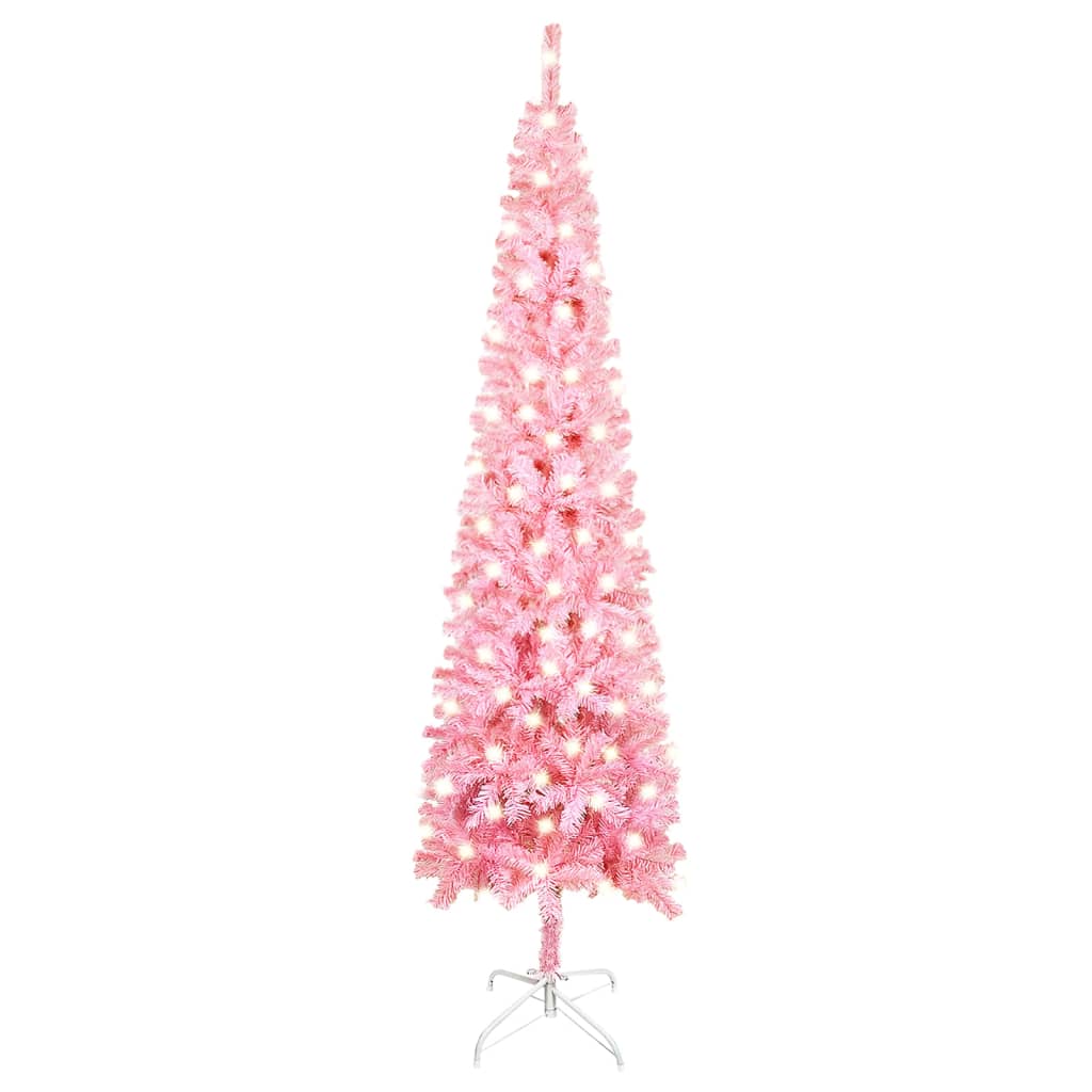 vidaXL Kapea joulukuusi LED-valoilla pinkki 210 cm