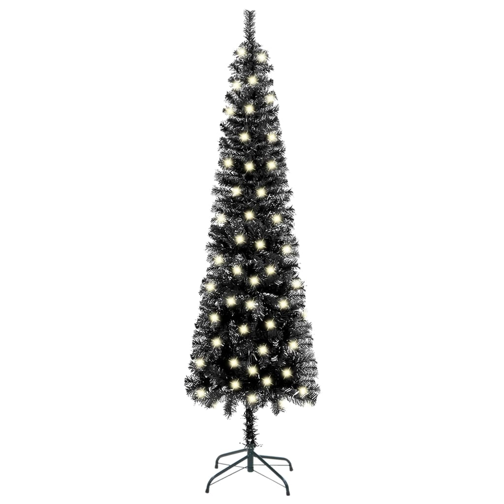 Árvore de Natal fina com luzes LED 210 cm preto