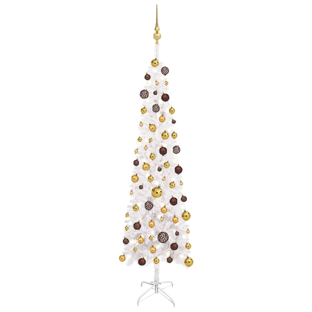 vidaXL Set pom de Crăciun subțire cu LED-uri și globuri, alb, 180 cm vidaxl.ro