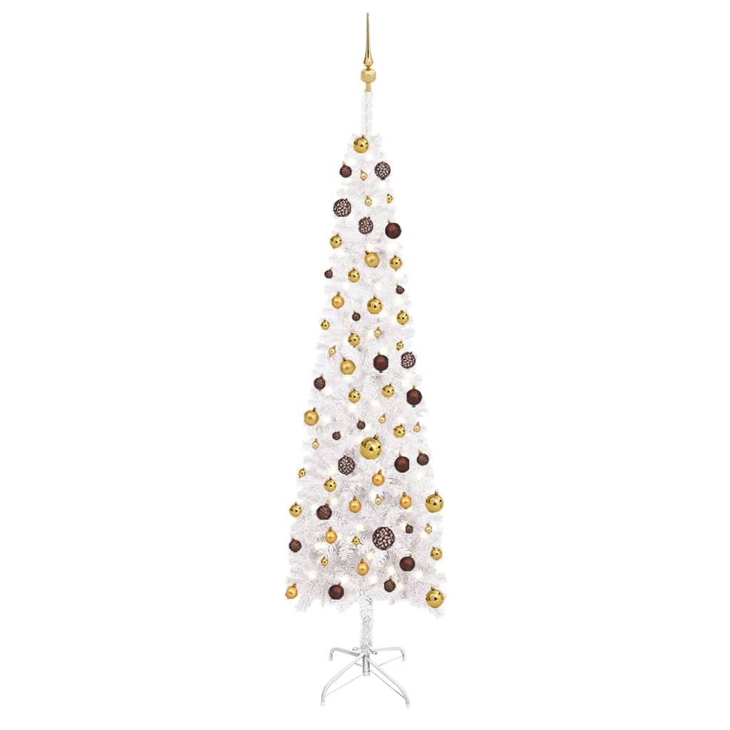 vidaXL Set pom de Crăciun subțire cu LED-uri/globuri, alb, 240 cm vidaXL
