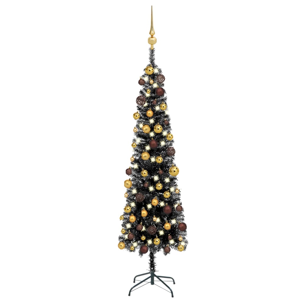 vidaXL Set brad de Crăciun subțire cu LED-uri și globuri negru 150 cm