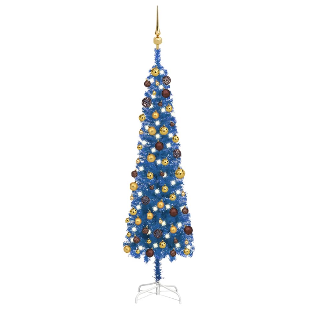 Billede af smalt juletræ med LED og kuglesæt 150 cm blå