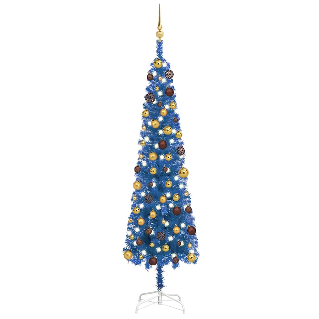 Arbre de Noël mince avec LED et boules Bleu 180 cm