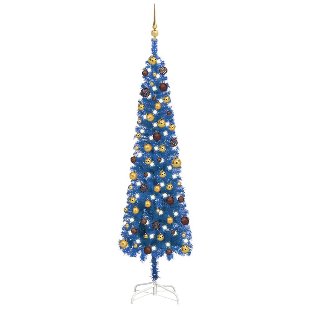 vidaXL Set pom de Crăciun subțire cu LED-uri/globuri albastru 210 cm vidaXL