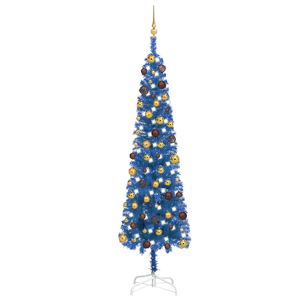 Arbre de Noël mince avec LED et boules Bleu 240 cm
