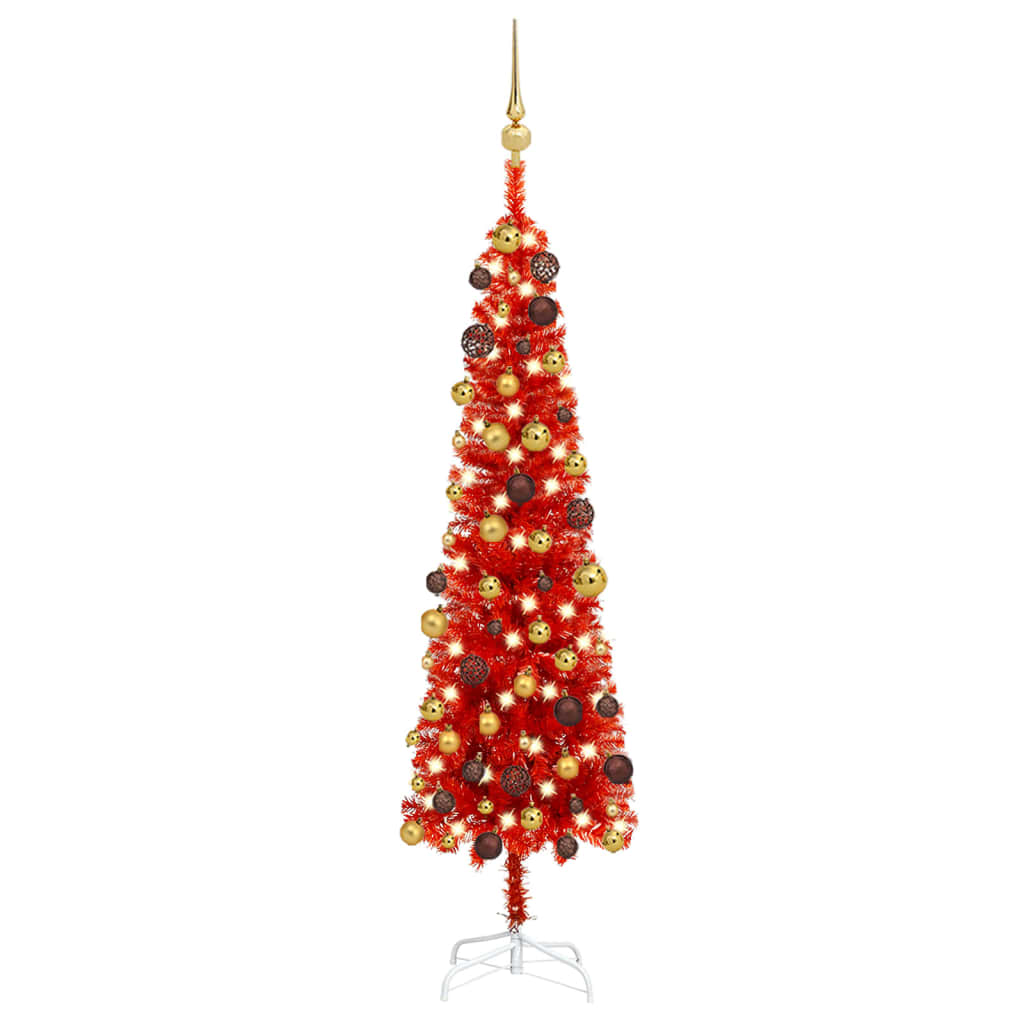 vidaXL Set pom de Crăciun subțire cu LED-uri și globuri, roșu, 120 cm vidaXL