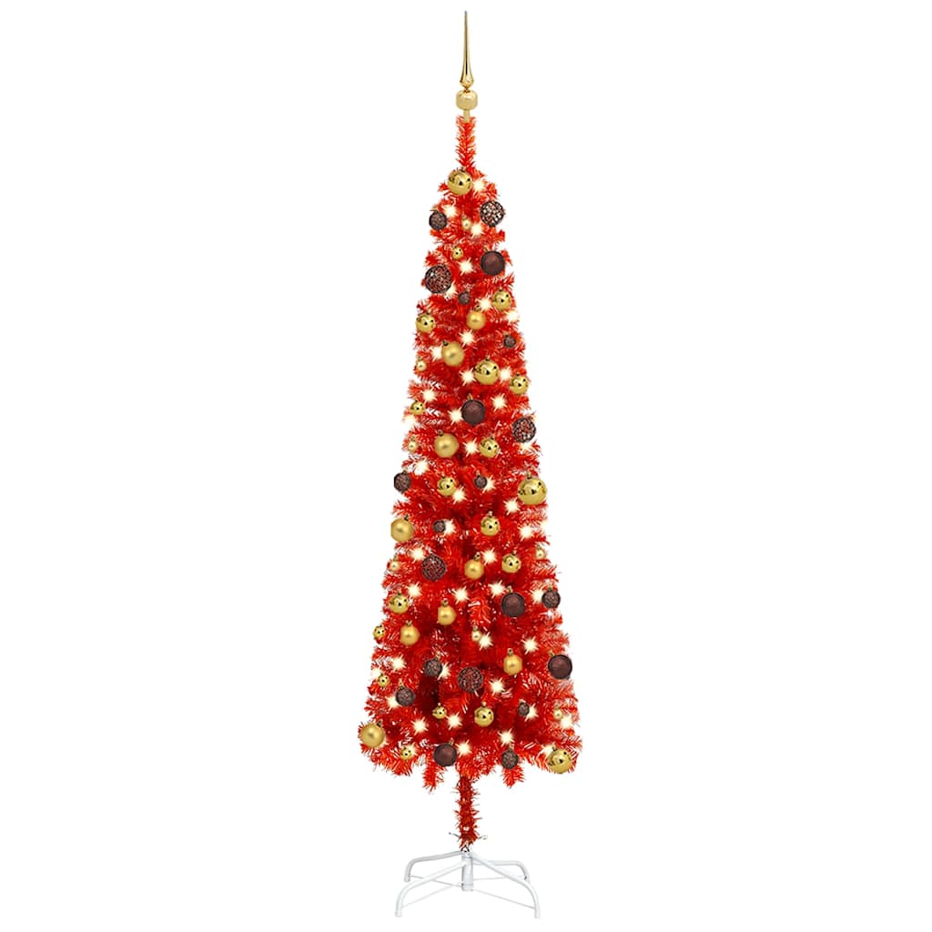 Arbre de Noël mince avec LED et boules Rouge 210 cm