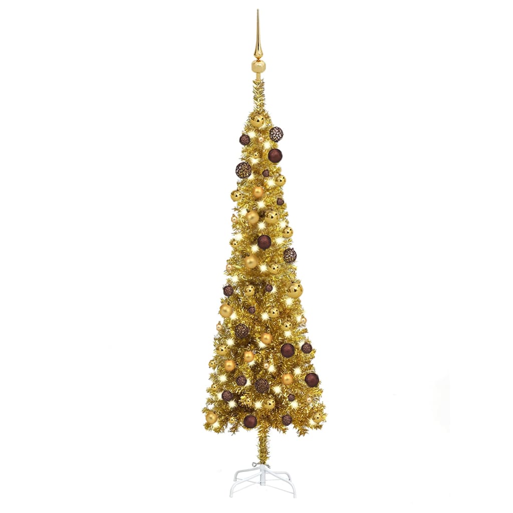 vidaXL Set pom de Crăciun subțire cu LED-uri și globuri, auriu, 150 cm vidaXL