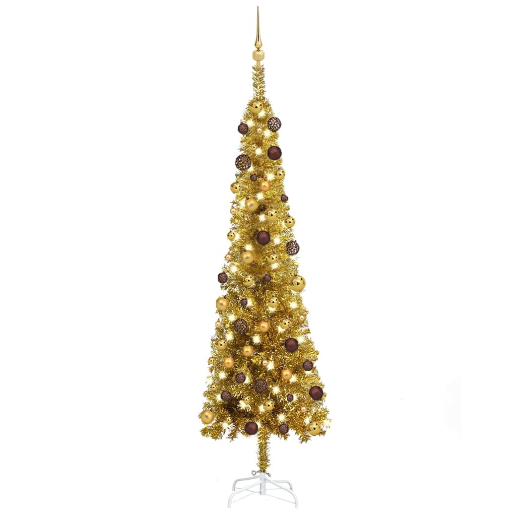 vidaXL Set brad de Crăciun subțire cu LED-uri și globuri, auriu, 180cm