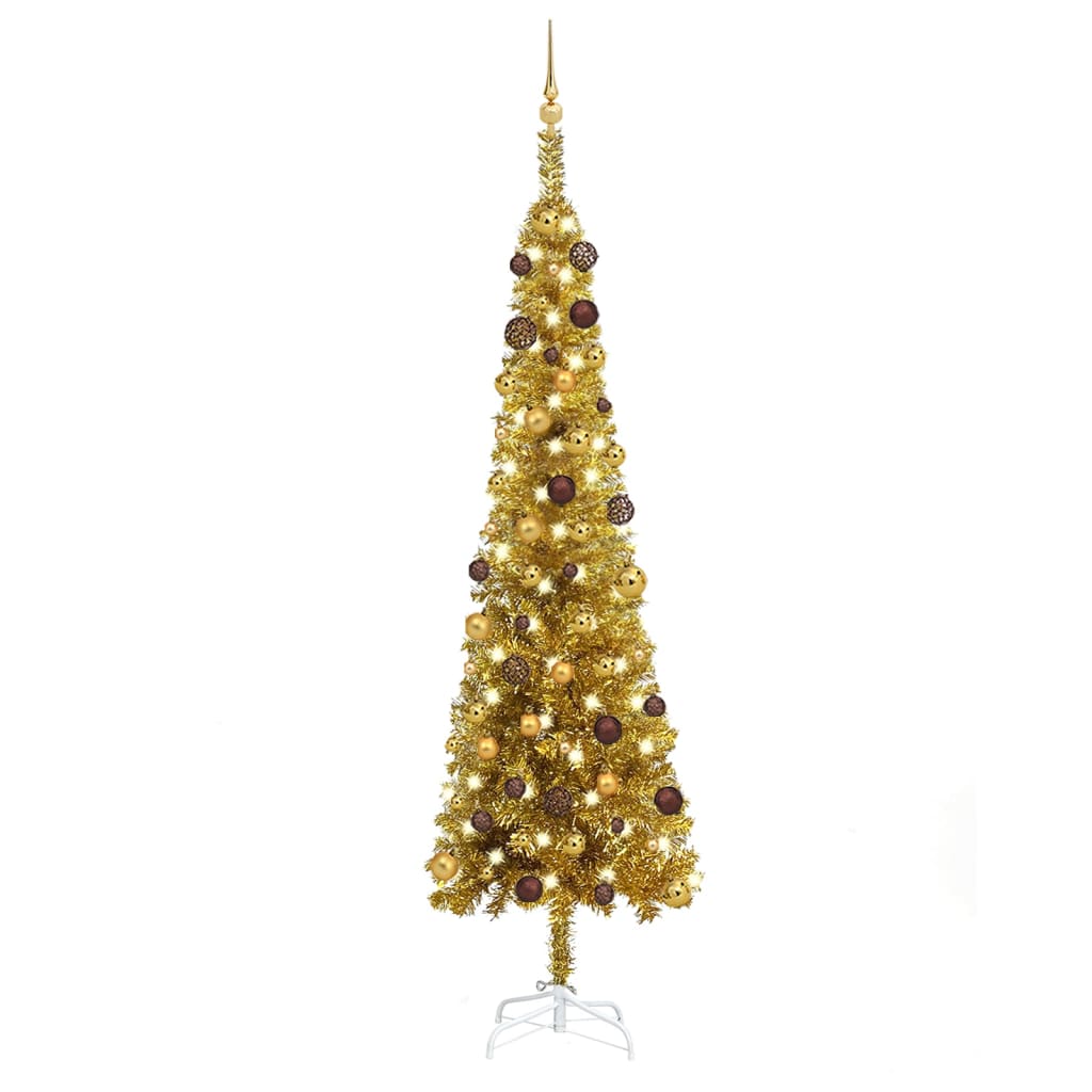 vidaXL Pom de Crăciun subțire cu LED-uri și globuri, auriu, 240 cm
