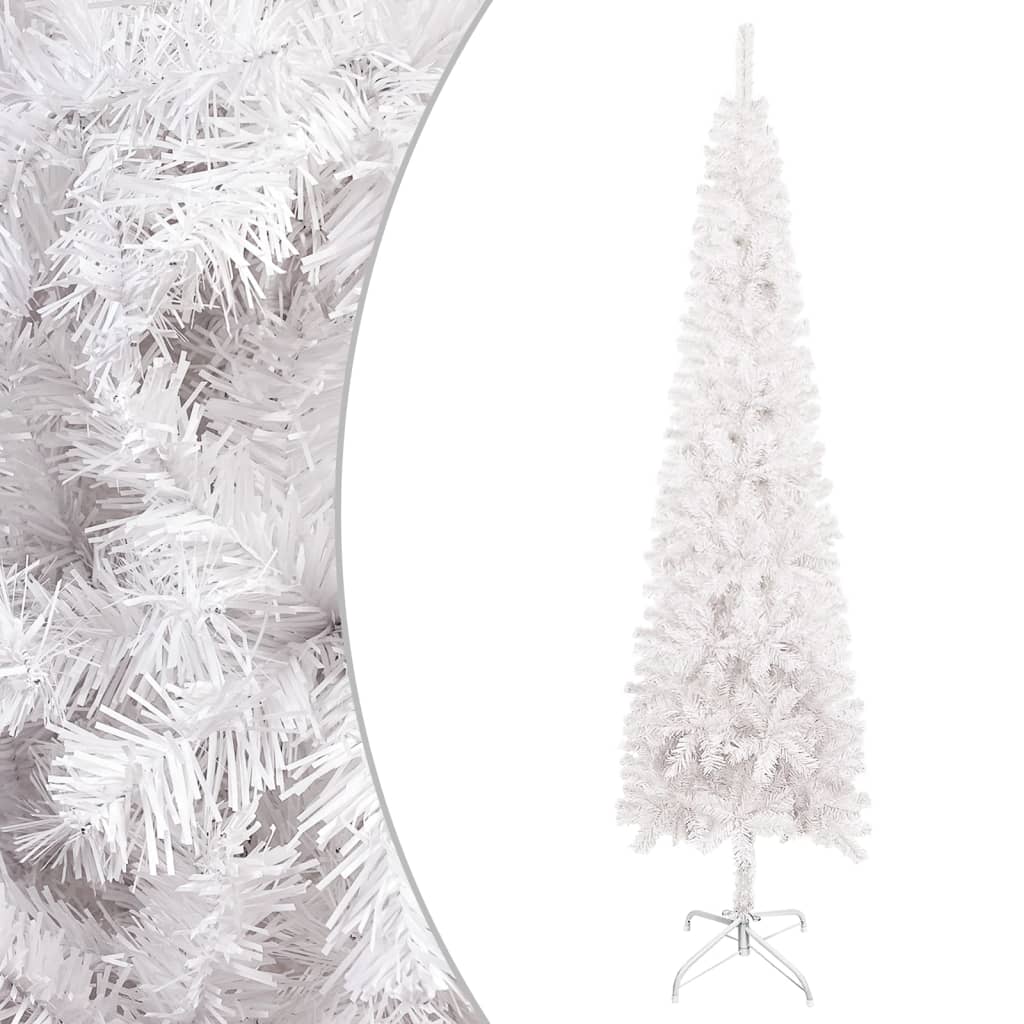 vidaXL Úzky osvetlený vianočný stromček s guľami, biely 150 cm