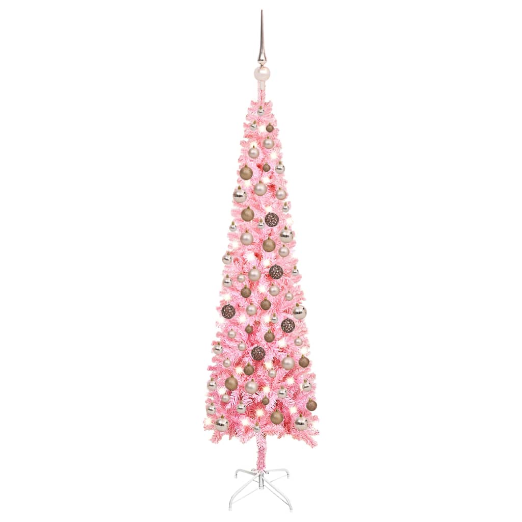 vidaXL Brad de Crăciun subțire cu LED-uri și globuri, roz, 120 cm