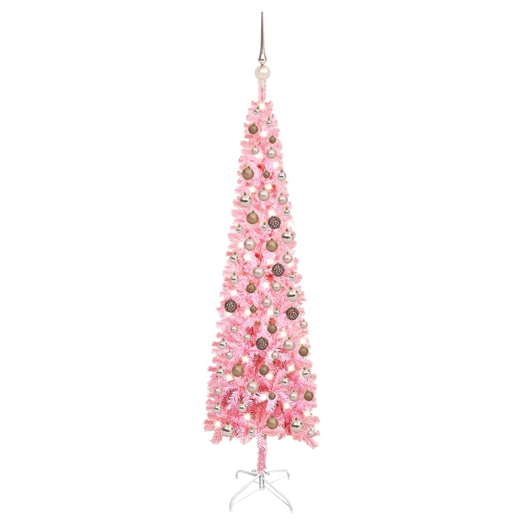 vidaXL Set pom de Crăciun subțire cu LED-uri și globuri, roz, 150 cm vidaXL