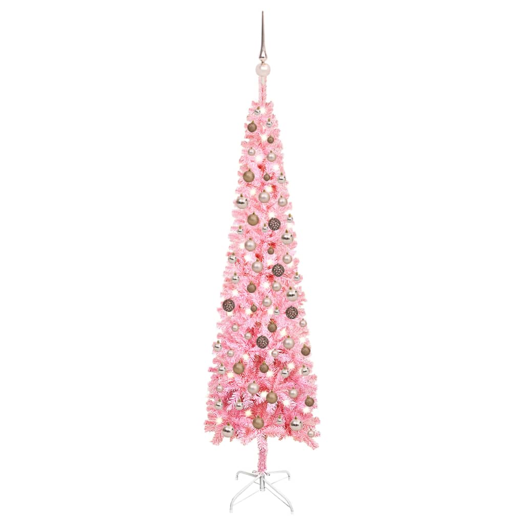 Úzký vánoční stromek s LED diodami a sadou koulí růžový 180 cm