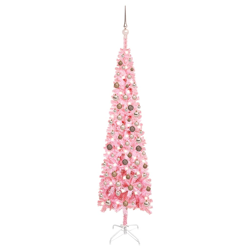 

vidaXL Slim Christmas Tree with LEDs&Ball Set Pink 82.7"