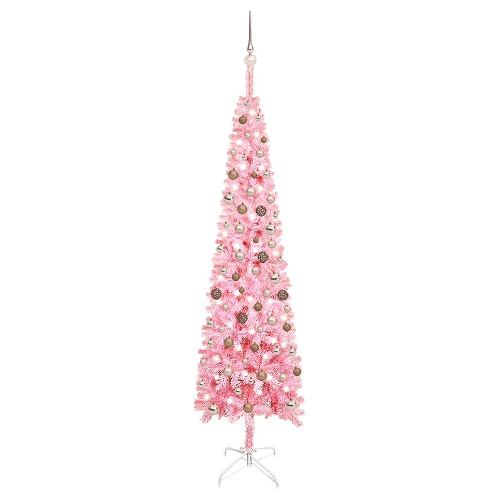 Arbre de Noël mince avec LED et boules Rose 240 cm