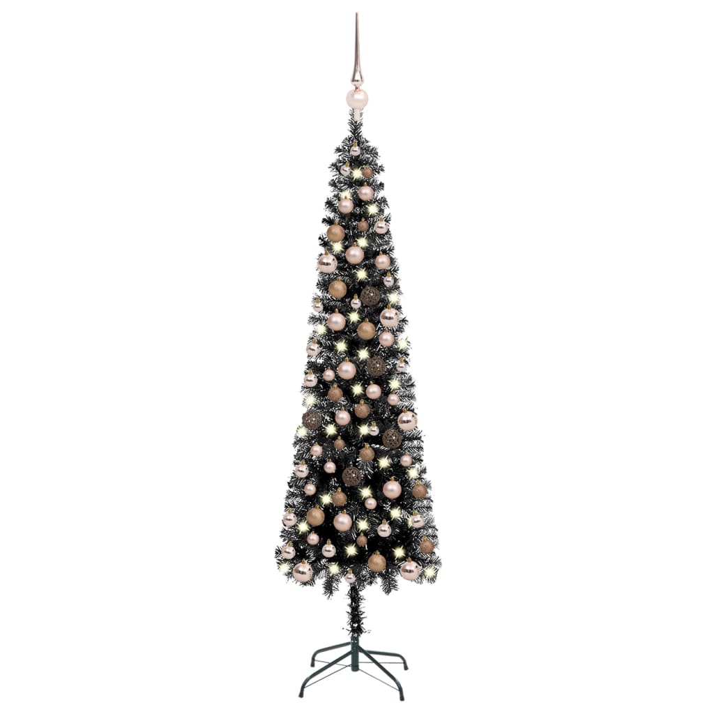 vidaXL Brad de Crăciun artificial subțire LED-uri&globuri negru 150 cm