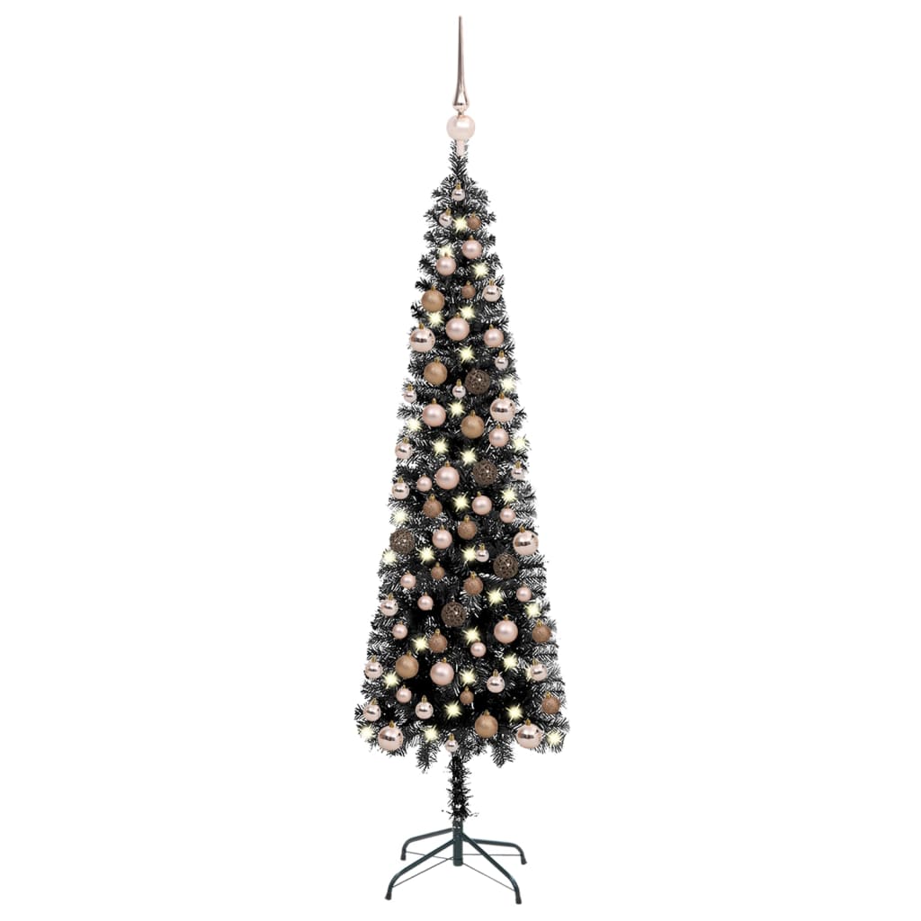 vidaXL Set pom de Crăciun subțire cu LED-uri și globuri, negru, 210 cm vidaXL