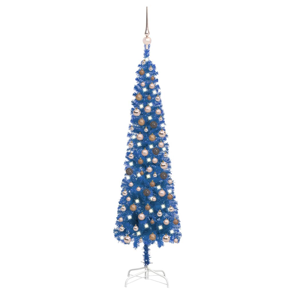 vidaXL Brad de Crăciun subțire cu LED-uri și globuri, albastru, 150 cm vidaXL