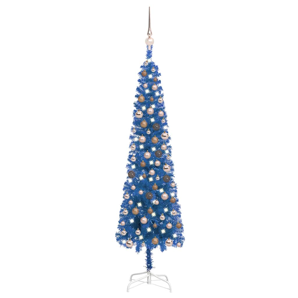 Arbre de Noël mince avec LED et boules Bleu 150 cm