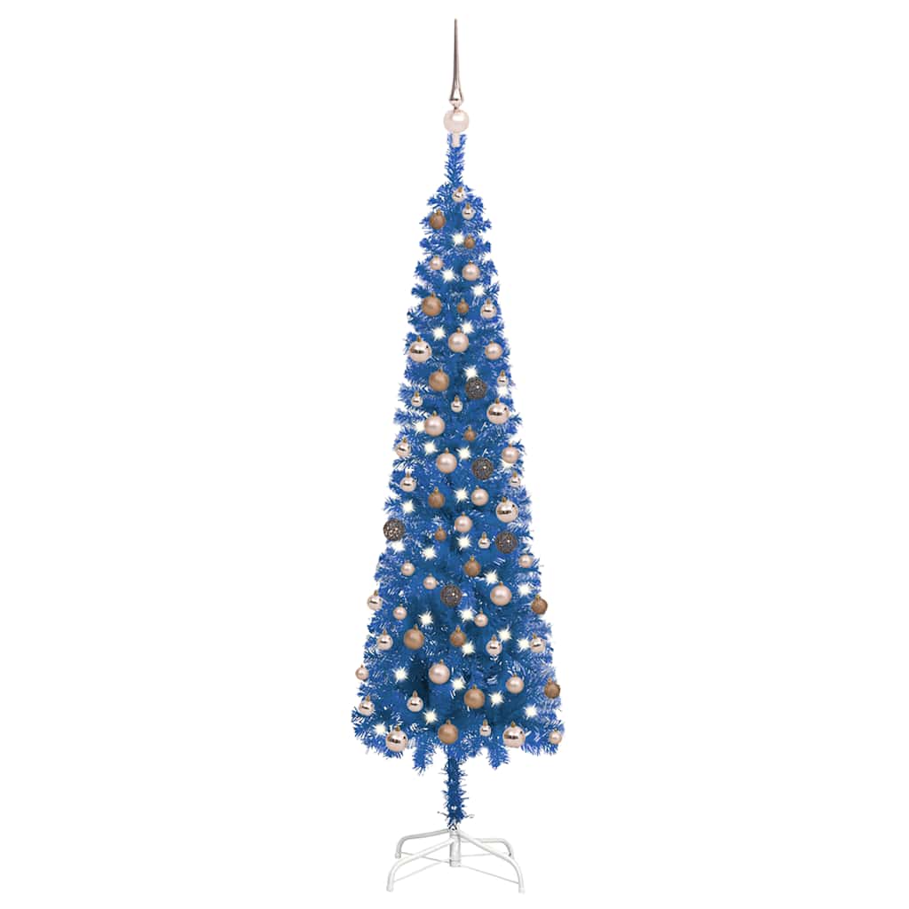 Arbre de Noël mince avec LED et boules Bleu 180 cm