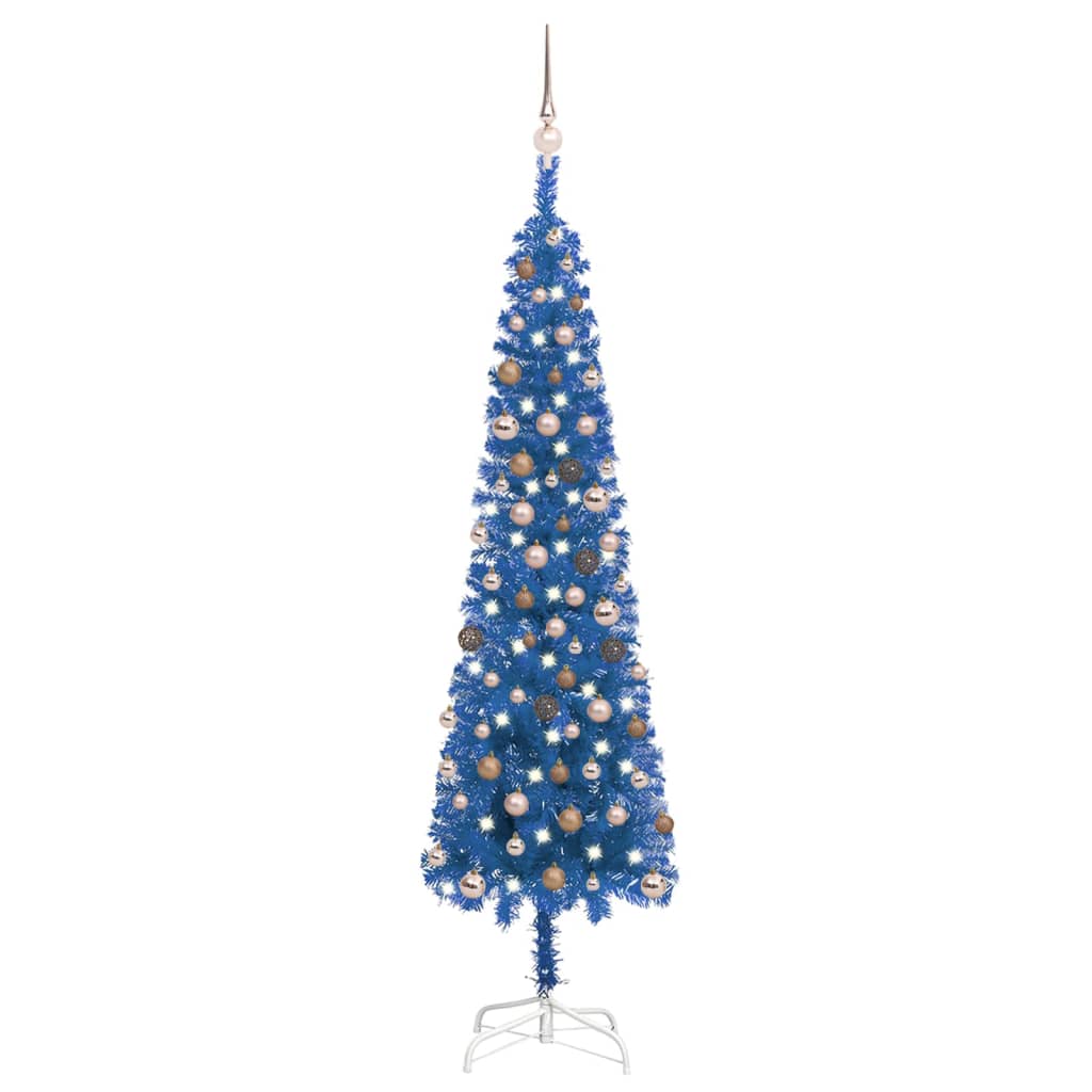vidaXL Set pom de Crăciun subțire cu LED-uri/globuri albastru 210 cm