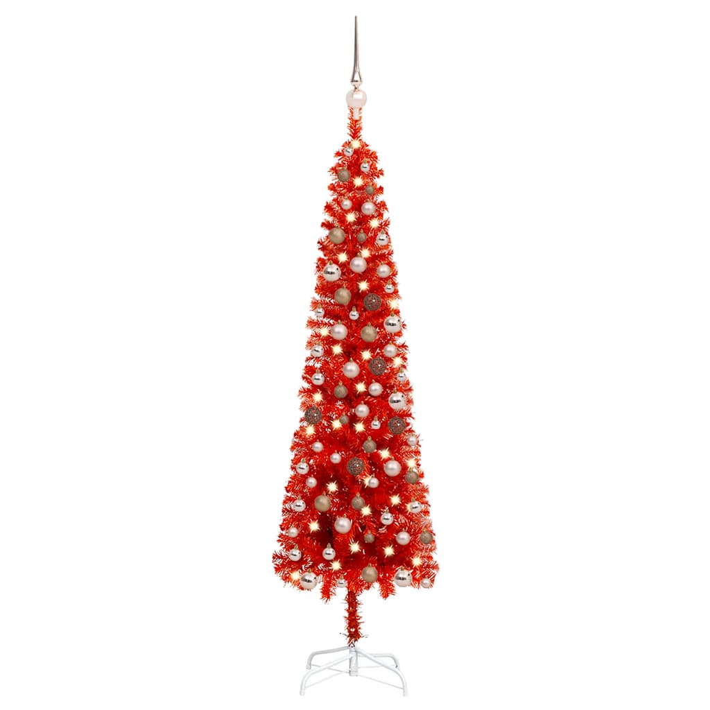 Arbre de Noël mince avec LED et boules Rouge 150 cm