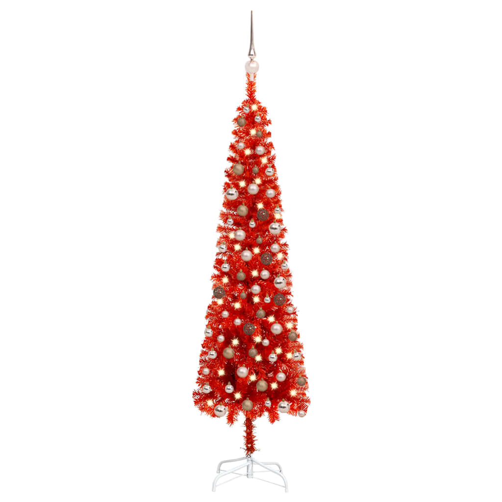 vidaXL Set pom de Crăciun subțire cu LED-uri și globuri, roșu, 180 cm vidaXL