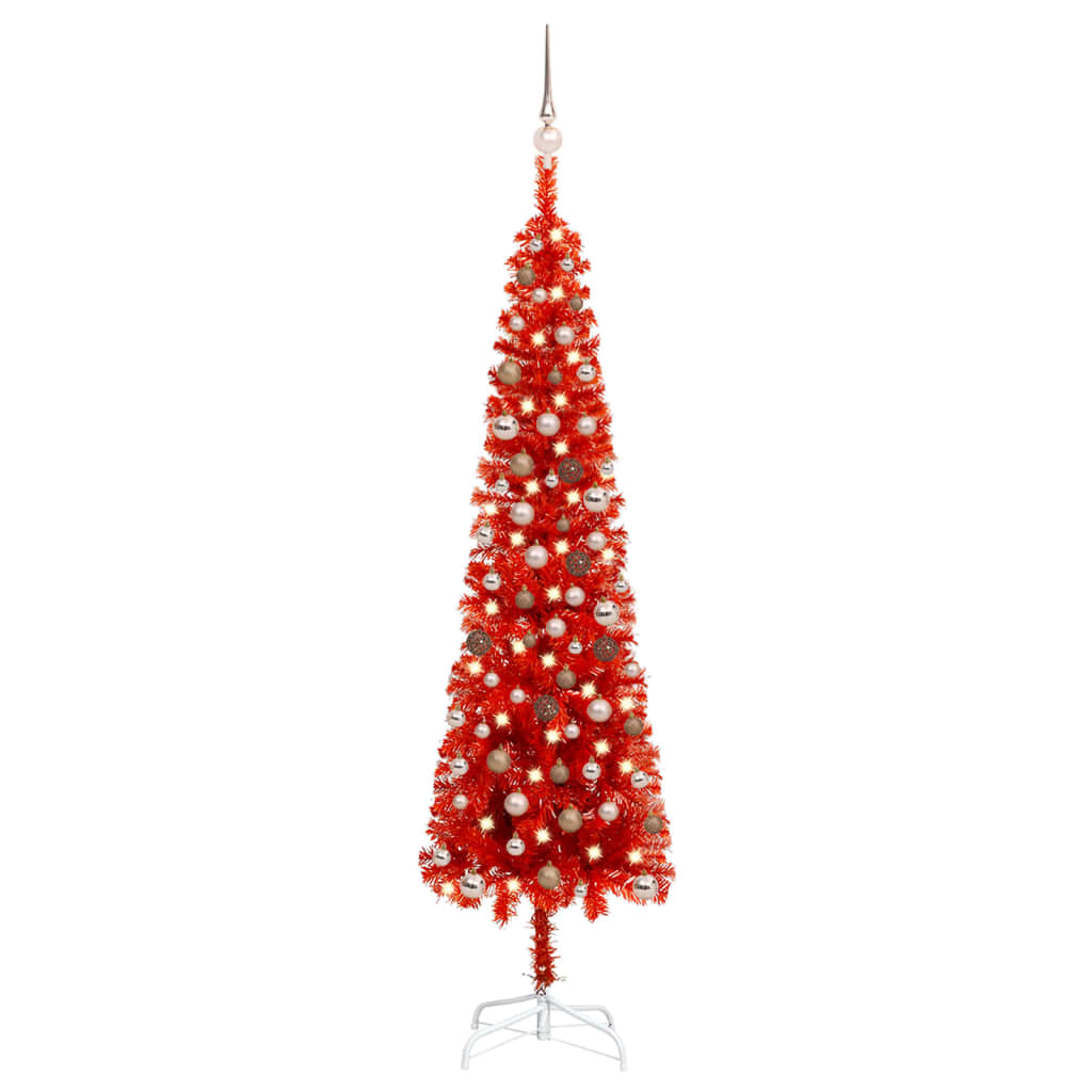vidaXL Set brad de Crăciun subțire cu LED-uri&globuri, roșu, 210 cm