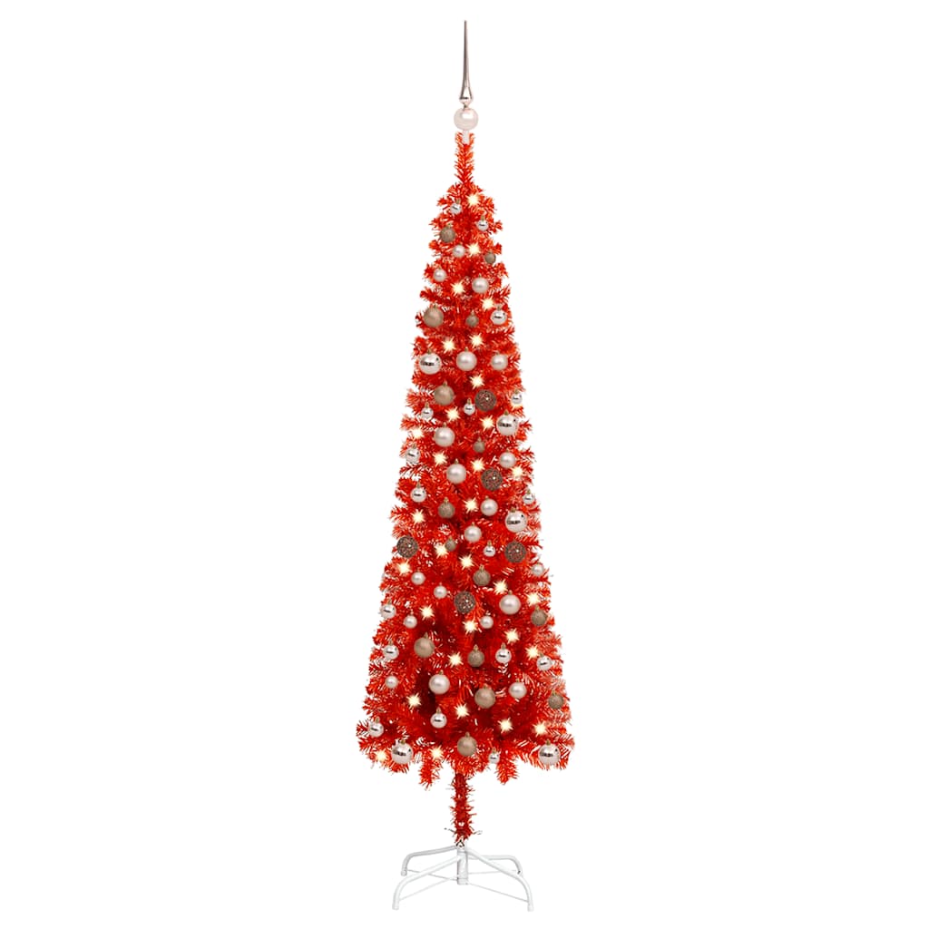 Arbre de Noël mince avec LED et boules Rouge 210 cm