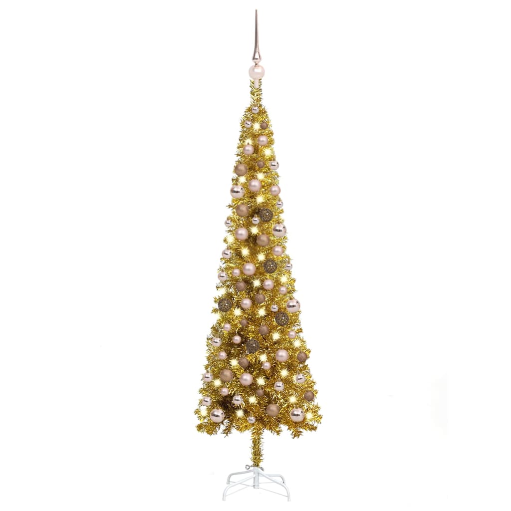 vidaXL Set brad de Crăciun subțire cu LED-uri&globuri, auriu, 120 cm