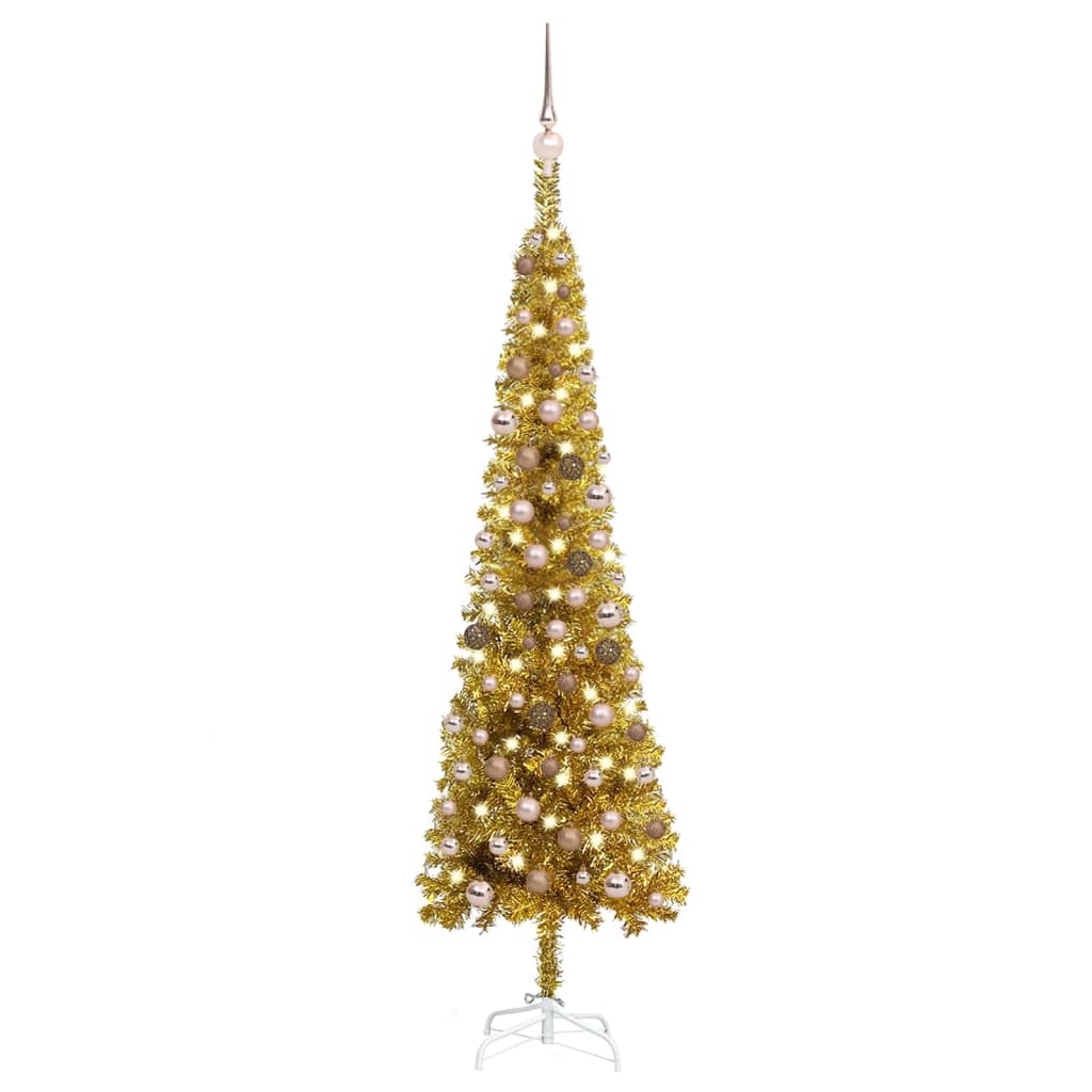 Arbre de Noël mince avec LED et boules Doré 180 cm