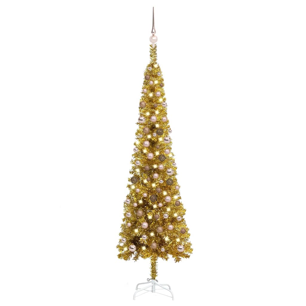 vidaXL Set pom de Crăciun subțire cu LED-uri și globuri, auriu, 210 cm vidaXL