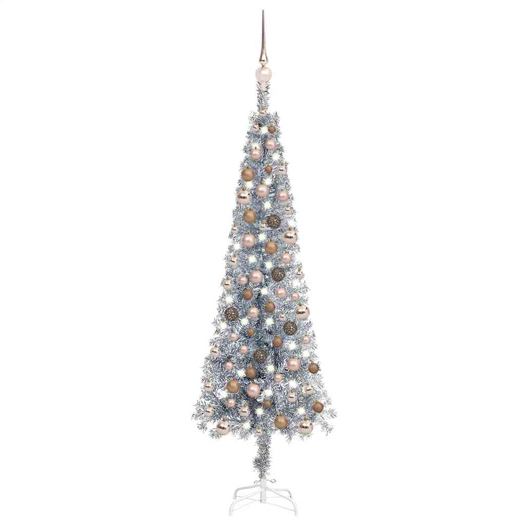 

vidaXL Slim Christmas Tree with LEDs&Ball Set Silver 47.2"