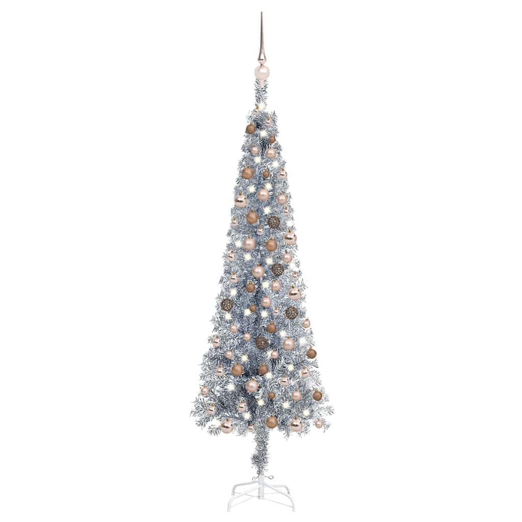 

vidaXL Slim Christmas Tree with LEDs&Ball Set Silver 59.1"