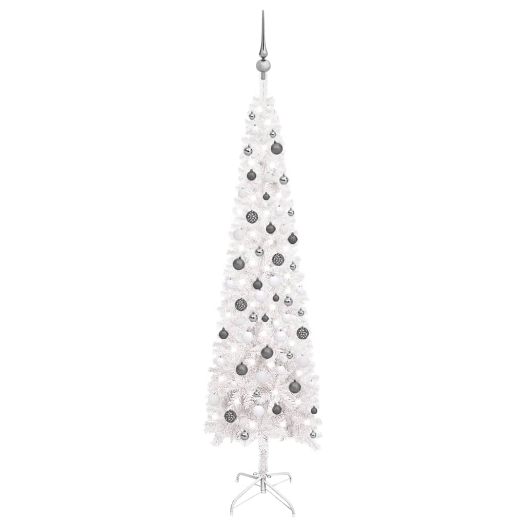 Úzký vánoční stromek s LED diodami a sadou koulí bílý 210 cm