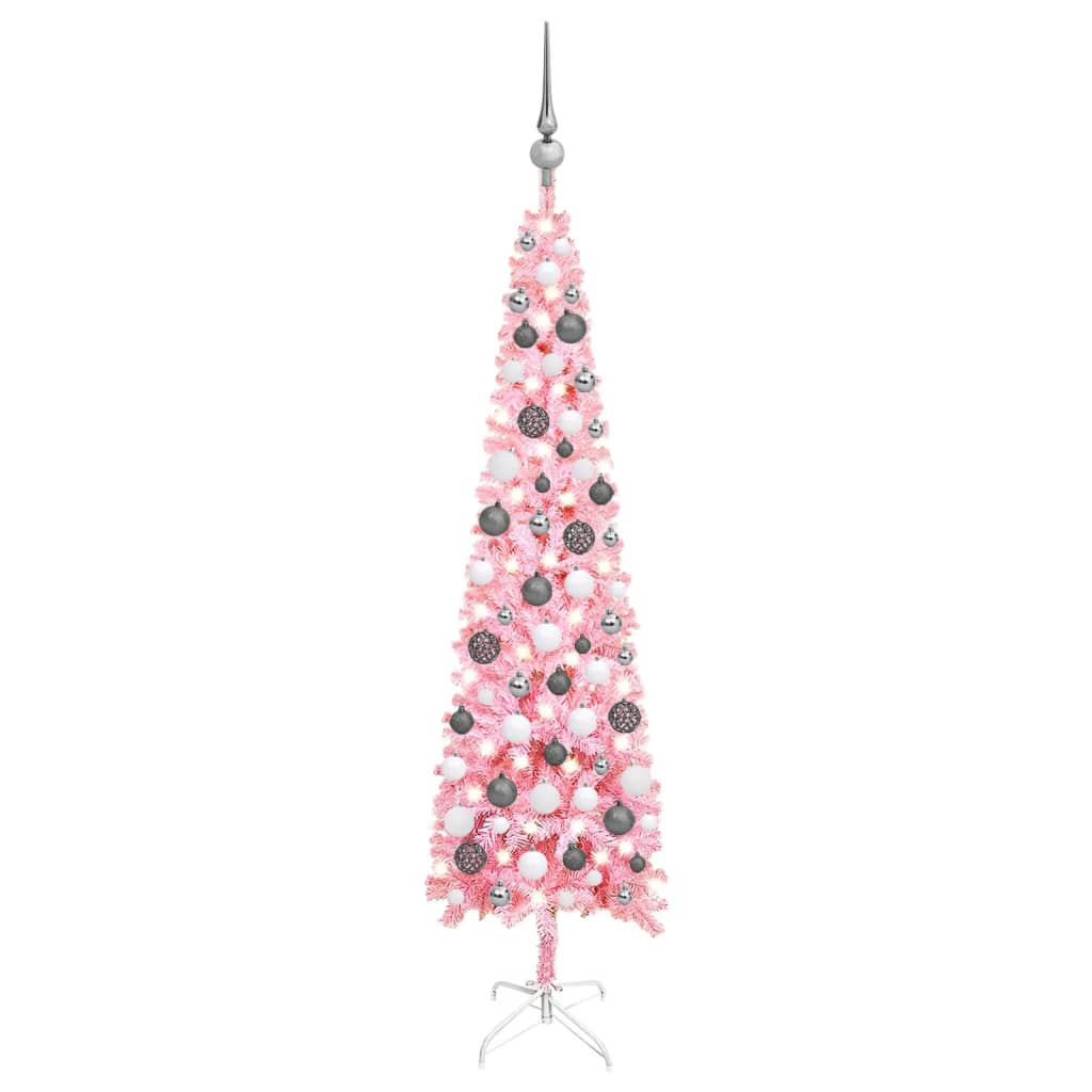 vidaXL Brad de Crăciun subțire cu LED-uri și globuri, roz, 120 cm