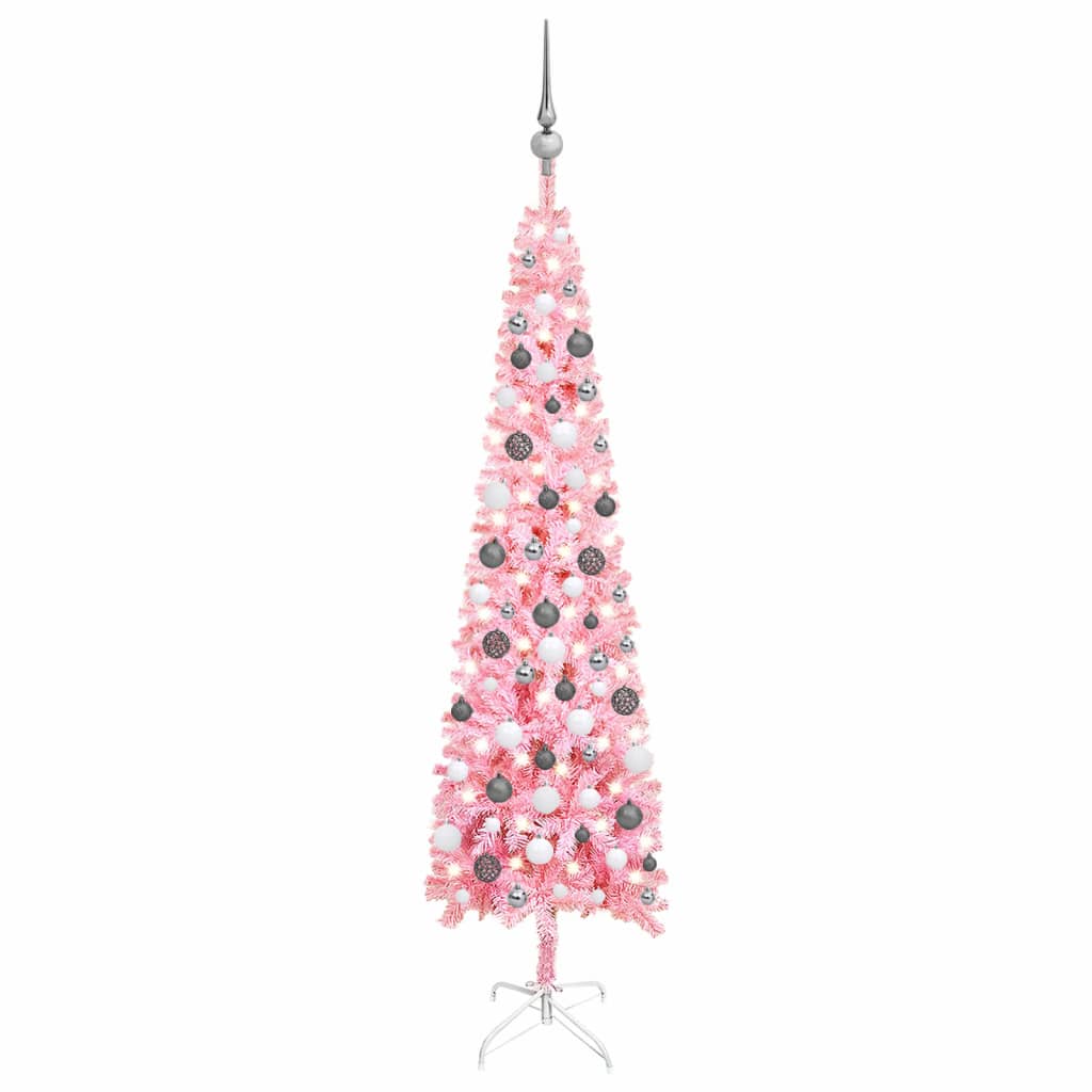 vidaXL Set brad de Crăciun subțire cu LED-uri și globuri, roz, 180 cm vidaXL