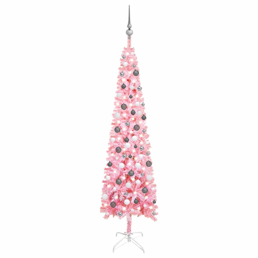 vidaXL Set pom de Crăciun subțire cu LED-uri și globuri, roz, 210 cm
