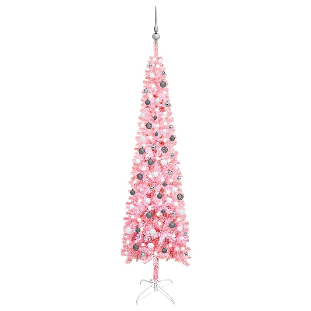 Arbre de Noël mince avec LED et boules Rose 240 cm