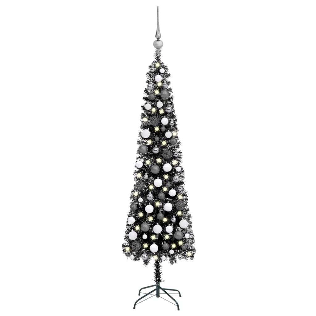 vidaXL Set brad de Crăciun subțire cu LED-uri&globuri, negru, 150 cm