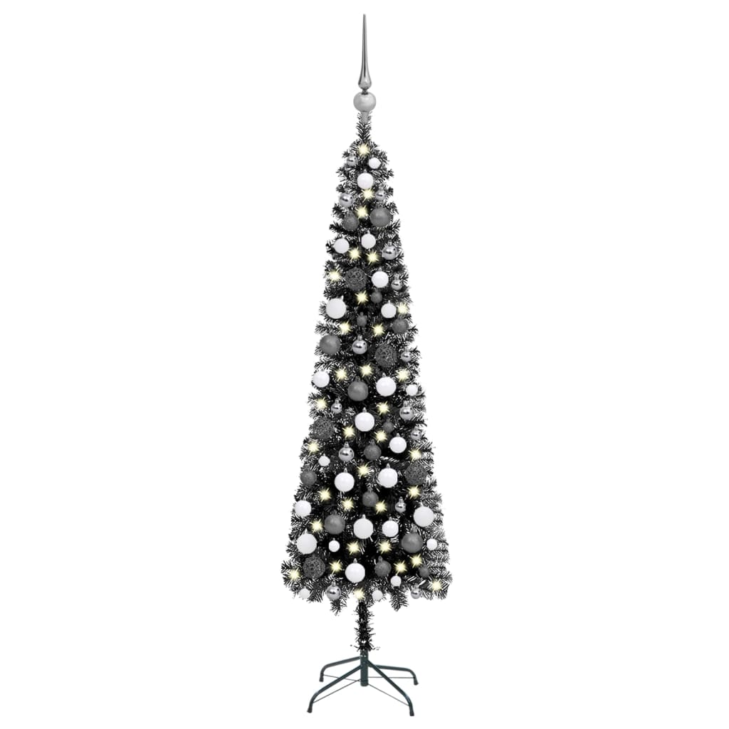 Úzký vánoční stromek s LED diodami a sadou koulí černý 180 cm