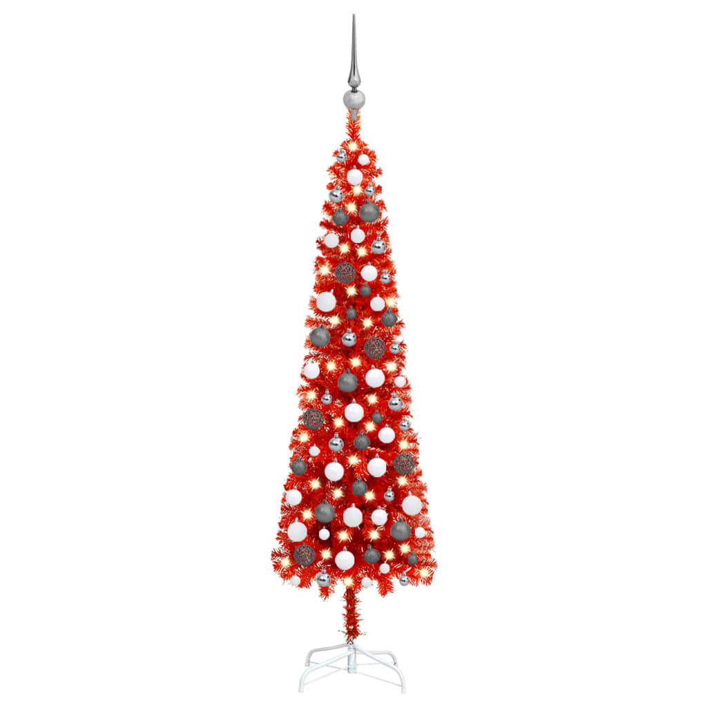 vidaXL Set pom de Crăciun subțire cu LED-uri și globuri, roșu, 120 cm vidaXL