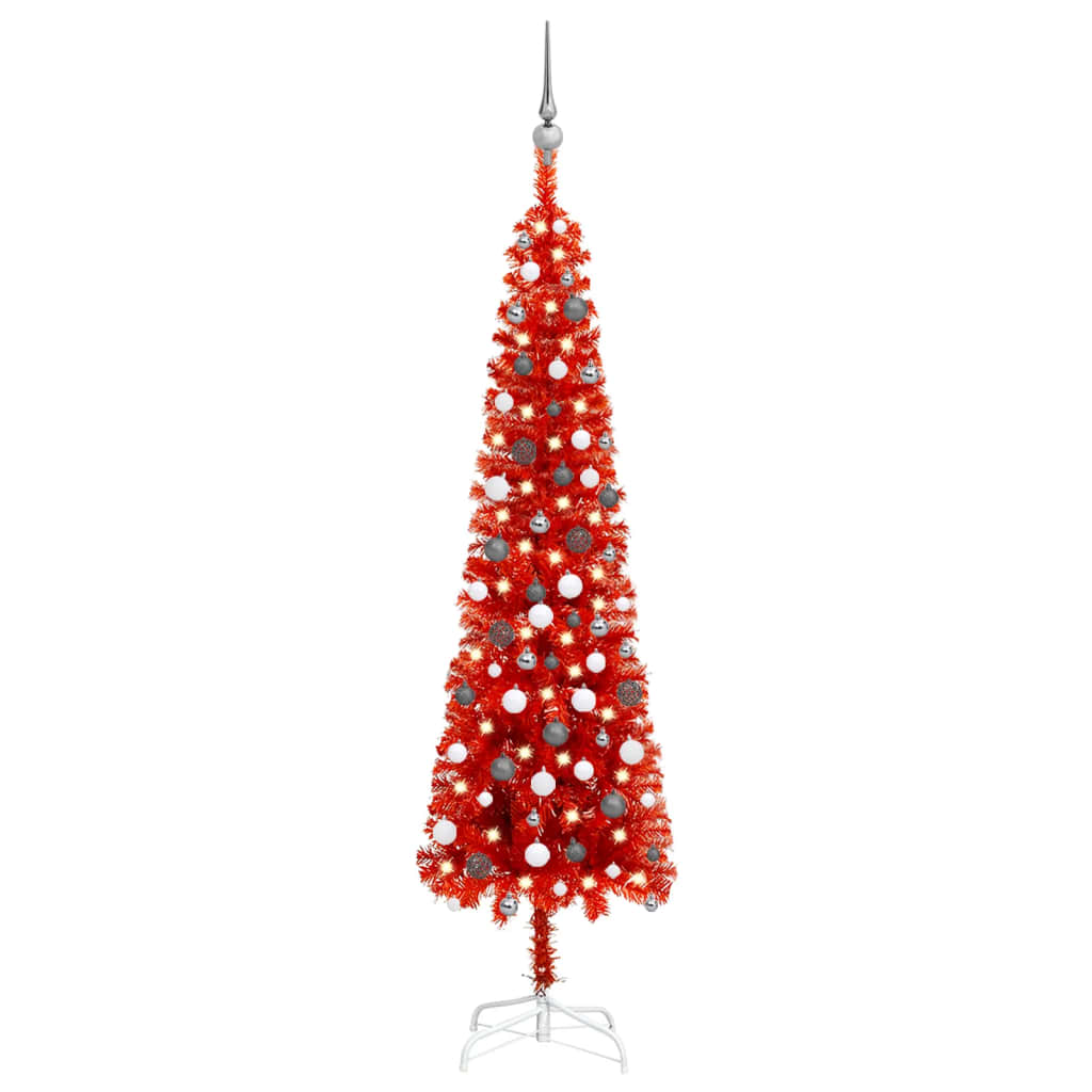 vidaXL Set brad de Crăciun subțire cu LED-uri&globuri, roșu, 210 cm