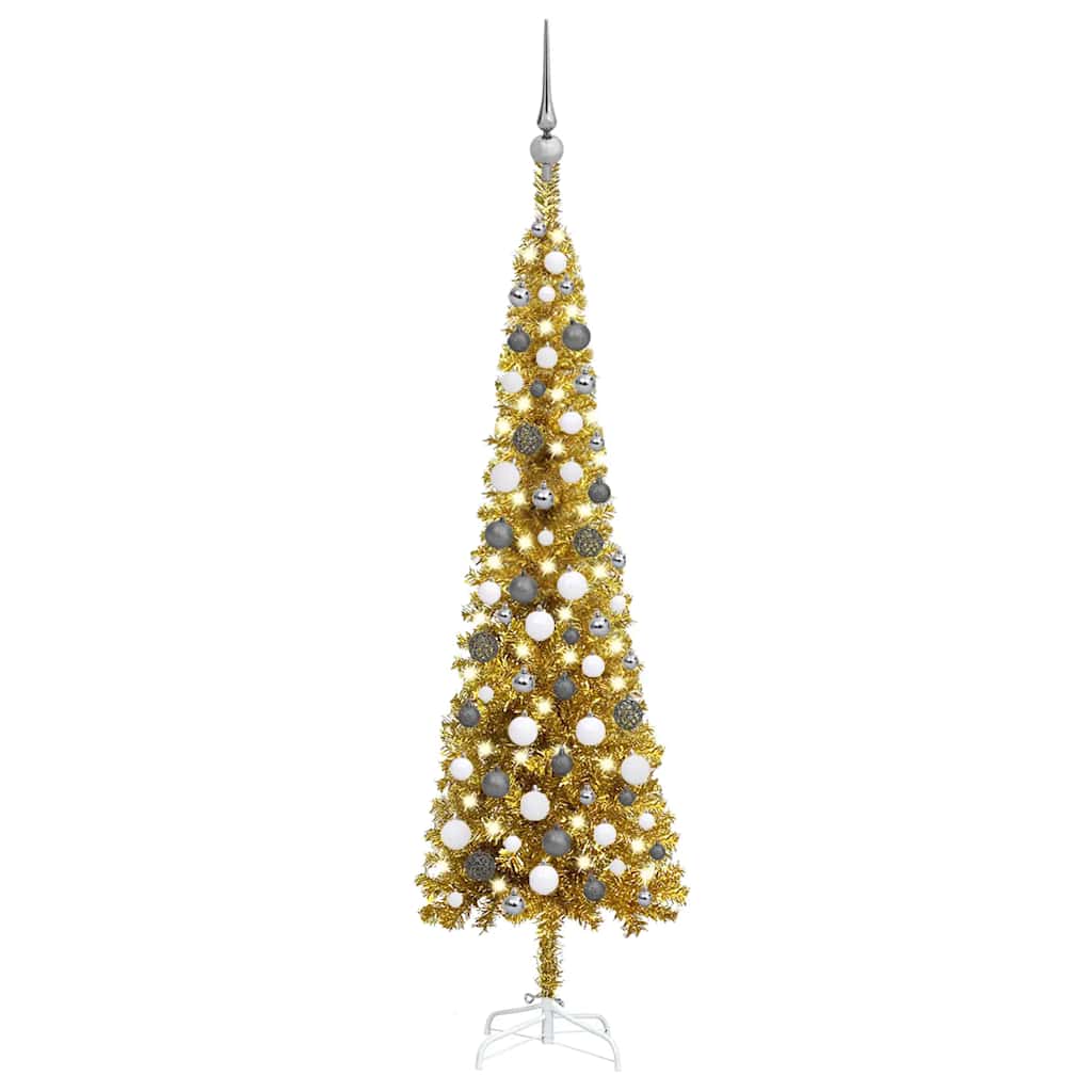 vidaXL Set de árbol de Navidad estrecho con LED y bola dorado 150 cm