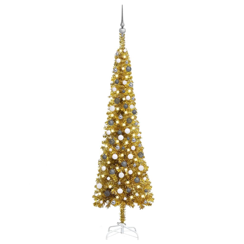 vidaXL Set pom de Crăciun subțire cu LED-uri și globuri, auriu, 210 cm