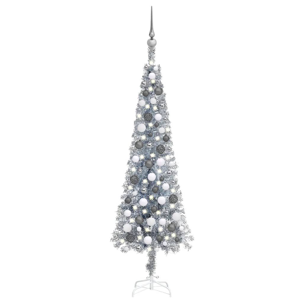 vidaXL Brad de Crăciun subțire cu LED-uri și globuri argintiu 120 cm