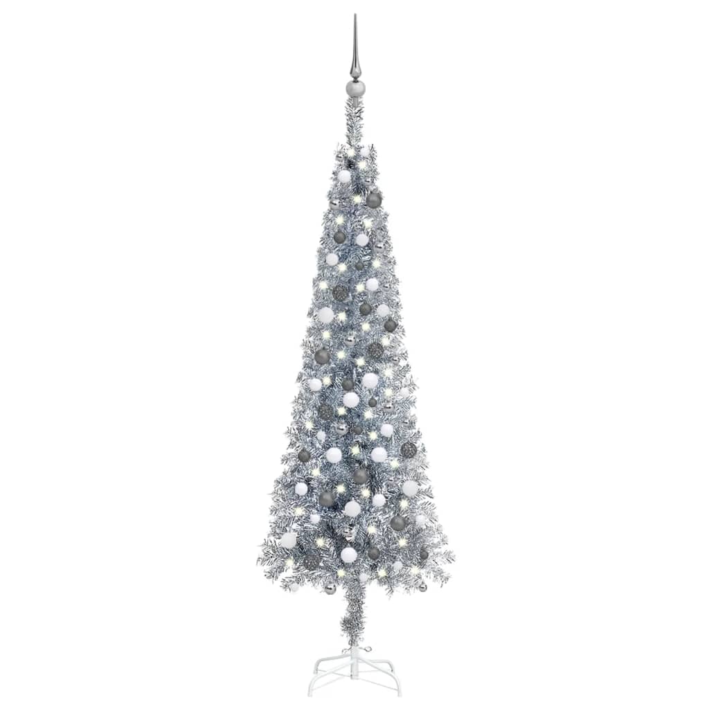 vidaXL Brad de Crăciun subțire cu LED-uri și globuri, argintiu, 210 cm vidaXL